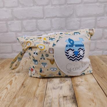 pochette cambio stoffa a tema animali indiani con tag gufo